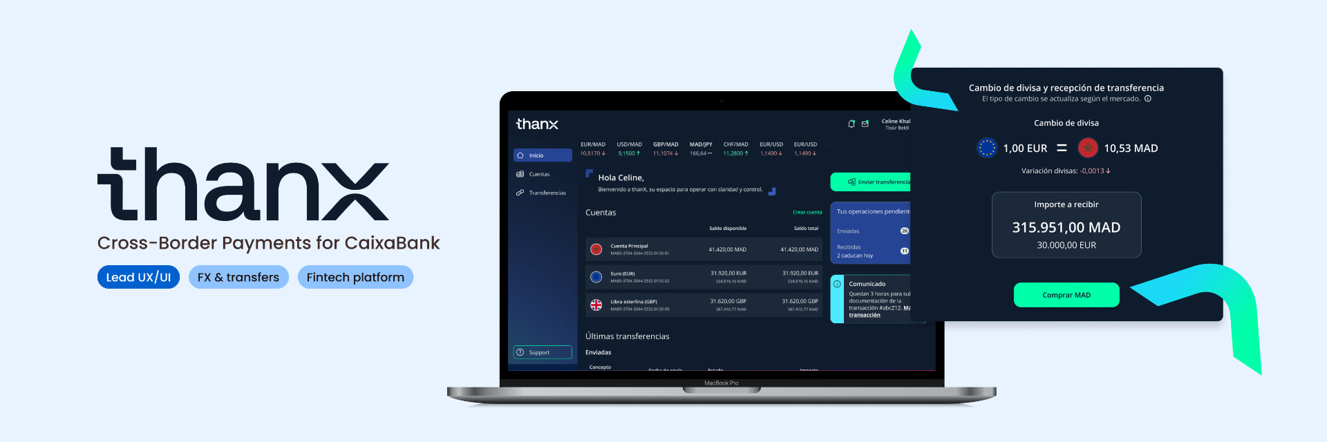 thanX key screens — the CaixaBank cross-border payments platform dashboard with accounts and transfers, and the currency-exchange flow (1.00 EUR = 10.53 MAD) on a MacBook, over the thanX brand frame