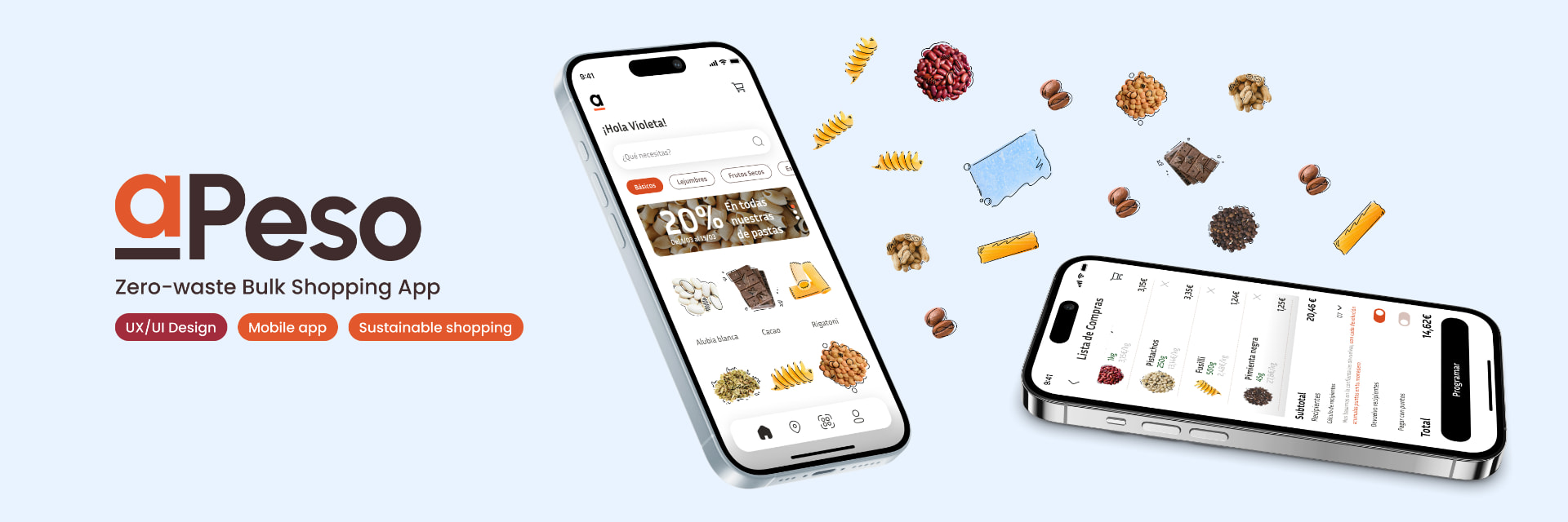 aPeso key screens — the bulk-buying app home with product categories and the shopping list with pick-up totals, over the aPeso brand frame