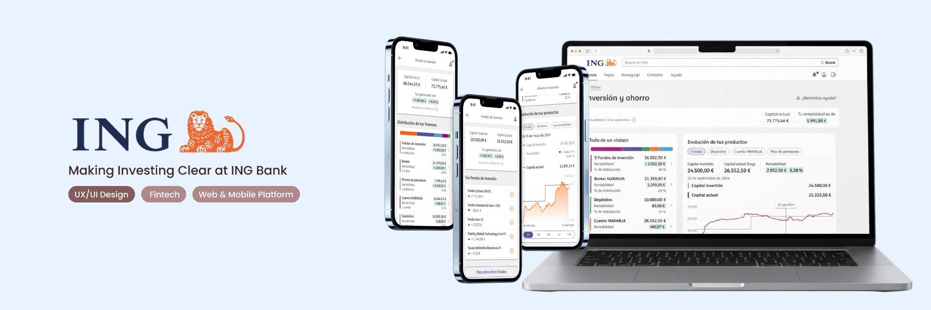 ING investment area key screens — the portfolio dashboard with remunerated account, funds, deposits, broker and pension plan together, over the ING brand frame