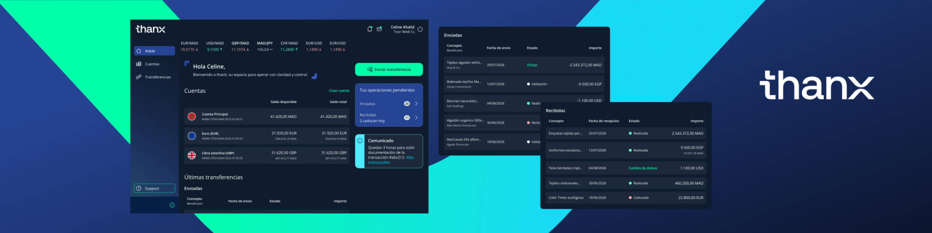 thanX CaixaBank foreign exchange platform mockup showing dashboard screens