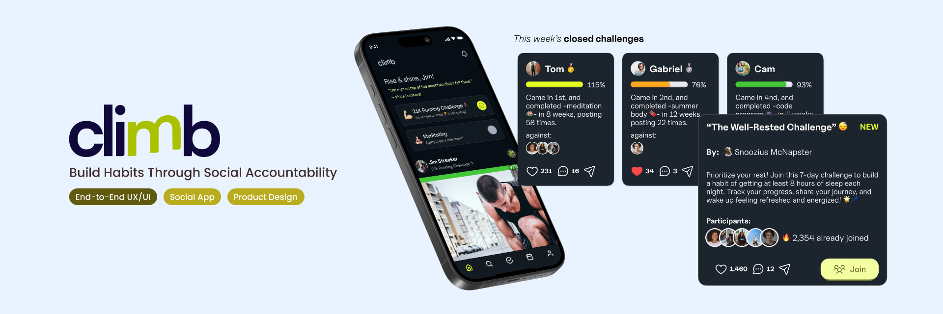 Climb – The Challenge key screens — the app home on a phone, closed-challenge result cards for participants, and a challenge landing card with a Join button, beside the Climb logo and 'Build Habits Through Social Accountability' tagline
